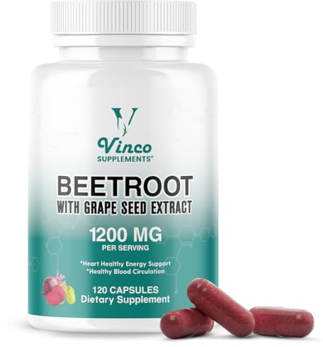 Vinco Beetroot Capsules with Grape Seed Extract 1200mg, 120 Capsules - Helps Support Nitric Oxide Production, Heart Healthy Energy - Highly Concentrated and Bioavailable Beets Supplements