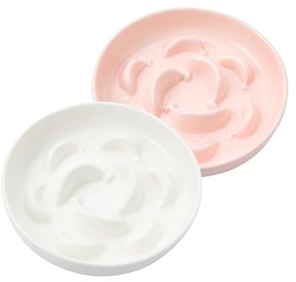 Cat Slow Feeder Bowl Set - 2-Pack Ceramic Cat Dishes for Slow Eating - Whisker-Friendly Cute Maze Bowls for Dry & Wet Food - Microwave & Dishwasher Safe - White and Pink
