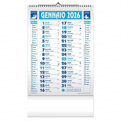 Calendario 2026 Olandese Spiralato, 5 pezzi, con Santi, Festività, Fasi Lunari, Mesi Adiacenti, 31x50,5 cm, Vari Colori (BLU)