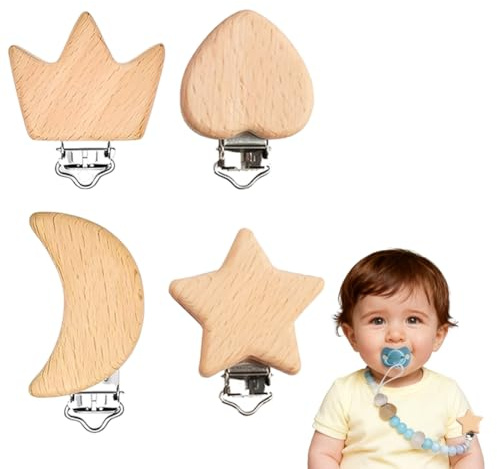 UIEXAY 4Pcs Schnullerclip Holz Natur, Holzclip Für Schnullerkette Verschluss, Natürliche Holzclips Für Schnullerketten, Baby Nuckelclip Mit Tiermotiven, Metallverschluss, Sicher Und Ungiftig(A)