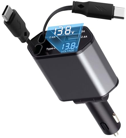 4 EN 1 Cargador Coche USB C con Indicador de Voltaje, Retráctil Cargador Mechero Coche Carga Rapida, 120W Adaptador Cargador con 2 80cm Cables Retráctiles y Puerto USB-C/A para iPhone Samsung