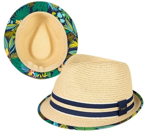 Comhats Unisex Summer Panama Fedora Trilby Straw Sun Hats for Men Women Safari Beach Hat Packable XS-XXXL (UK, Alpha, XL, 551_Beige - Tropical Jungle)