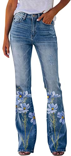 Jean pour femme - Motif floral brodé - Coupe skinny - Jean Y2K - Pantalon de loisirs - Ourlet évasé - Stretch - Bas évasés - Pantalon en latex avec fermeture éclair