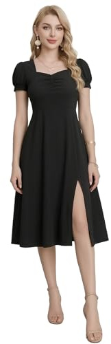 vittorio y Vestiti Donna Estivi Eleganti Leggeri Manica Corta Vita Alta Abito Midi A Line con Scollo Quadrato e Spacco Laterale (IT, Testo, Taglia Unica, Regular, Regular, S/M, Nero)