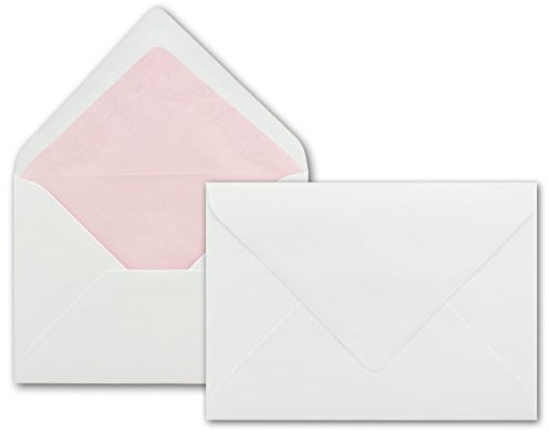25 x Briefumschläge in weiss mit rosa Seidenfutter, DIN B6 12,5 x 17,6 cm, Nassklebung ohne Fenster - Ideal für Hochzeits-Einladungen Grußkarten Weihnachtskarten