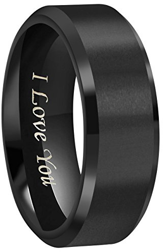 CROWNAL 4mm 6mm 8mm Black Titanium Wedding Couple Bands Rings Men Women Matte Finish Beveled Edges Engraved I Love You Comfort Fit Size 4 to 16 (8mm,11)