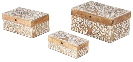 Deco 79 Mango Wood Floral Decorative Box Decorative Keepsake Boxes with Hinged Lid, Set of 3 Storage Boxes 8, 10, 12W, Brown