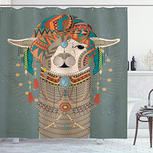 ABAKUHAUS Lama Duschvorhang, Kleidung Alpaka, Stoffliches Gewebe Badezimmerdekorationsset mit Haken, 175 x 200 cm, Grau Teal