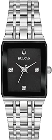 Bulova Ladies' Modern Quadra Diamond Dial Stainless Steel 3-Hand Quartz Watch, Black Dial Style: 96P202