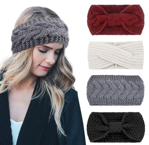 DRESHOW 4 Pack Womens Winter Ear Warmer Headband - Cable Knit Fleece Lined Ear Cover & Headwrap - Soft, Stretchy & Thick Head Wrap