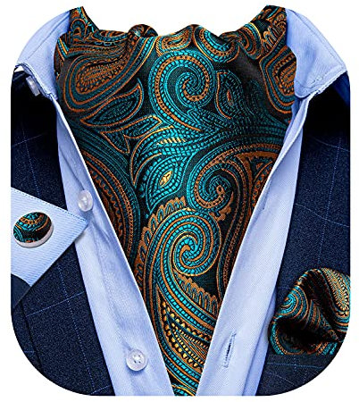 DiBanGu Seide Ascot Krawatte Blaugrün Paisley Krawatte Taschentuch Manschettenknöpfe Herrenzubehör