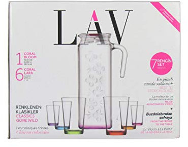 Lav Juego de 7 jarras, 1 jarra de cristal de 1,2 L y 6 vasos de 200 ml cada uno, retro, colores