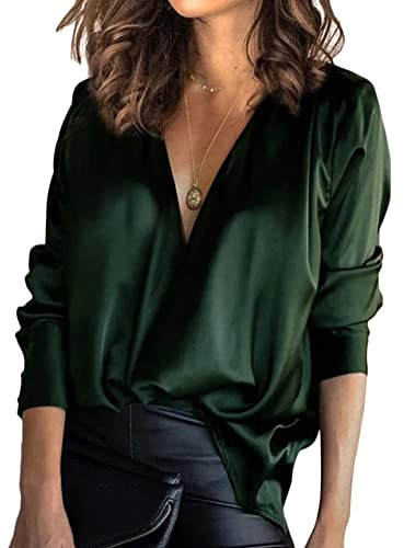 Tomwell Chemise Femme à Manches Longues Élégant en Satin de Col Montant Chemise Chemisier Brillant Femme Fête Vert XL