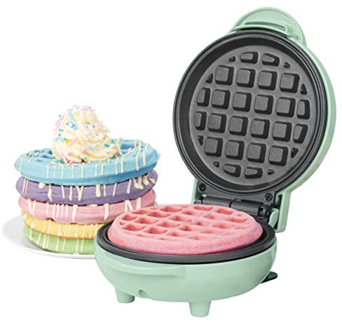 Petra PT4214GRNVDEEU7 Mini gofrera compactos - platos antiadherentes de 11,5 cm, aperitivos dulces y salados, gofres belgas y estadounidenses, 550 W, para cumpleaños infantiles, verde pastel