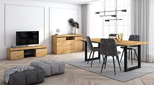 Skraut Home - Vardagsrum möbelset | 500 meter U-bord 10 gäster | TV-skåp 140 | Stänk/sidobord 140 | Ek och svart | Industriell stil