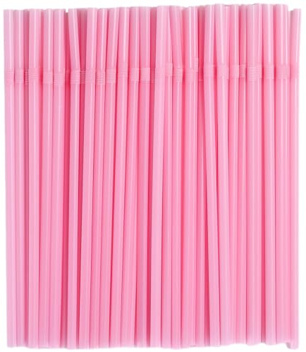 YAOSHENG 200pcs 8.26 x 0.2Solid Colors Flexible Drinking Pink Straws, Plastic Disposable Bendy Straws (Pink)
