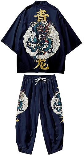 Doslavida - Set cardigan kimono giapponese da uomo, stile cinese, stampato, giacca e pantaloni, aperto sul davanti, a sette maniche, XL