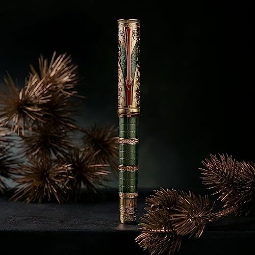 Hong Dian D5 - Estilográfica de la Dinastía Qin en Oro Verde, Pluma con Relleno de Pistón y Punta Extra Fina, Tótem Chino Retro Grabado con Juego de Caja