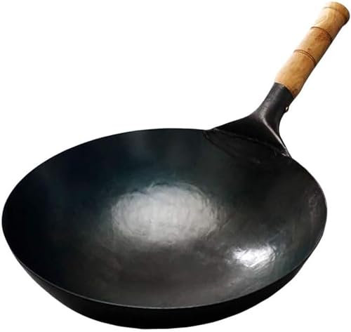 MUSHHE Padella in Ferro battuto martellato a Mano con Manico in Legno, Tradizionale Wok a Fondo Tondo Pre-stagionato, Set per Cottura a induzione,32CM