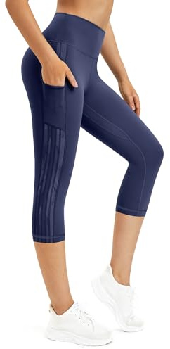 Rexspek Pantalones deportivos para mujer 3/4 con bolsillo, opacos leggings deportivos para mujer, pantalones de chándal para mujer, pantalones capri, pantalones de fitness para mujer, azul oscuro, S