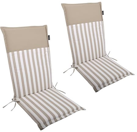 LILENO HOME Gartenstuhl Auflagen als [2er Set - Hochlehner] in Streifen Sand - Uni Sand - Bequeme Liegen als Sitzauflagen für Gartenmöbel - Stuhlkissen für Gartenstühle Malt