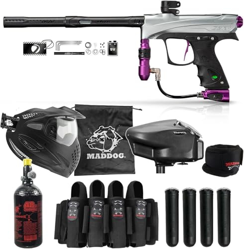 Maddog DYE CZR+ Full Auto Electronic Paintball Gun Marker Elite Starter Package | Thermal Anti-Fog Paintball Mask, HPA Tank, Empire Halo Too Loader, Neck Protector, Pro Paintball Harness & Pods - Grey