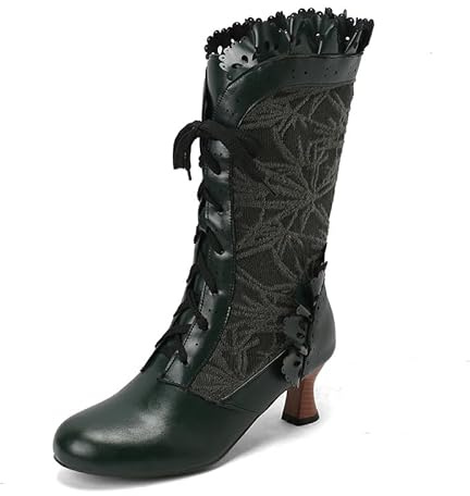 Bonitas Botas victorianas para Mujer,Botas góticas con Volantes y tacón Medio entrelazados Sweet Kitten,Botas Media caña Estilo Disfraz Bruja renacentista Vintage los años 70,Verde,38 EU
