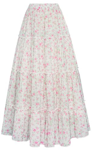 Scarlet Darkness Floral Maxi Long Skirts for Women Summer 2026 Tiered Skirt Flowy Boho Fairy Skirt with Pockets White Pink Floral XL