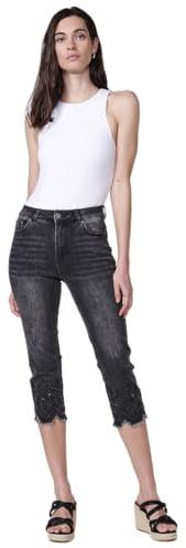Koroshi Pantalón Pirata Mujer Denim Doble Push up con Bordado Floral Denim Negro, de Color Black Denim, Talla 36