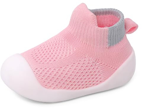 LACOFIA Scarpe Primi Passi Bambina Scarpe Calzino Traspiranti Neonata con Antiscivolo Suola in Gomma Rosa 6-9 Mesi