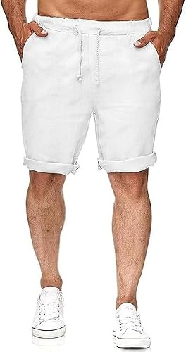 Runcati Linnebermudashorts för män, kort, lätt elastisk midja, lediga bermudashorts med 2 fickor för sommaren, Vit., S