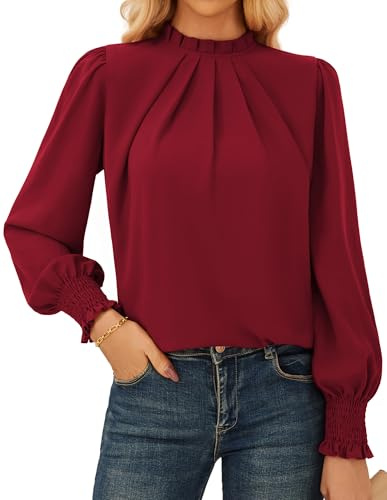 GRACE KARIN Chemisier habillé à manches longues et col montant pour femme, rouge vin, XXL
