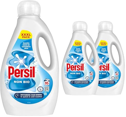 Persil XXXL Washing Liquid Detergent Outstanding Stain Removal Quick and Cold Wash Tough on Stains Gentle Next to Sensitive Skin 95 Washes, 2.565 Litre (Pack of 3, Non Bio)
