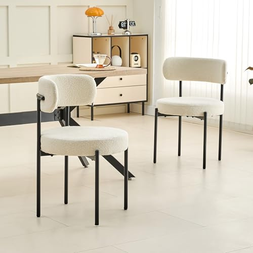 Modern Dining Chairs with Soft Teddy Fabric, Upholstered Curved Back Chairs with Thick Foam Cushion, Metal Legs & Hidden Screws – Elegant Accent Seating for Home or Café (2, White)