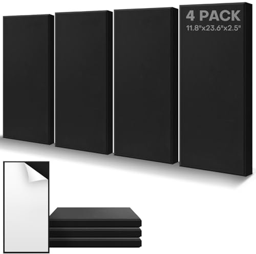 4Pack Fiberglass Acoustic Panels, Self Adhesive Sound Proof Foam Panels for Walls, Sound Dampening Panels for Studios, Office, Home Theater Soundproofing Absorbing Noise Reducing, 23.6x11.8x2.5 Black