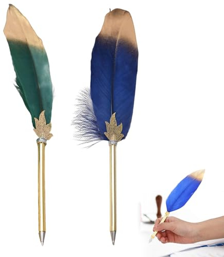 Kugelschreiber Hochwertig Feder,Vintage Kalligraphie Stifte mit Feder,Vintage Schwarze Kugelschreiber,Feder zum Schreiben Federkiel,Raffinierte Vintage-Feder-Kalligraphie-Feder (Dunkelgrün+Dunkelblau)