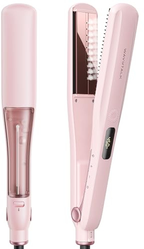 Wavytalk Steam Sesh Hair Straightener, Steam Reduces Damage, Nourishes Hair, and Expedites Straightening, 1.38'' Nano Titanium Flat Iron with Detachable Comb for Silk Press Smoothing & Blowout, Pink