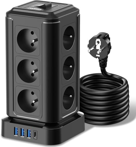 TOPREK Tour Multiprise avec 12 Prises AC Française et 1 USB C(20W PD3.0) et 3 USB A et 2M Câble Rallonge Electrique et 1 Interrupteur, 4000W/16A, Multiprise Parafoudre pour Bureau et Maison, Noir