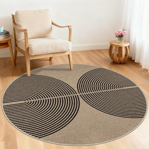 Capslpad Teppich Rund 120cm, Jute Aussehen Teppich Rund Wohnzimmer, Waschbar rutschfest Natürlich Outdoor Teppich für Wohnzimmer, Schlafzimmer, Balkon, Büro Bereich, Schwarz