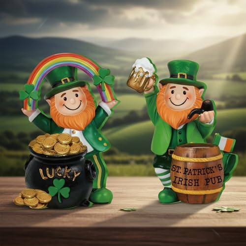 Jetec 2 Pcs St. Patrick's Day Leprechaun Figurine Decorations 5 Wooden Leprechaun Table Sign Centerpieces St Patricks Decor Wood Irish Themed Decor Gifts for Home Table Centerpiece