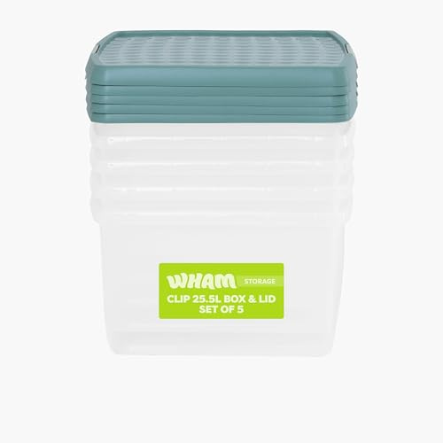 Wham Clip 5 x 25.5L Square Stackable Plastic Storage Boxes with Lids | Ideal for Home, Office, Toys & More | Storage Containers with Clip Locks | Made in UK - Clear/Green Milieu