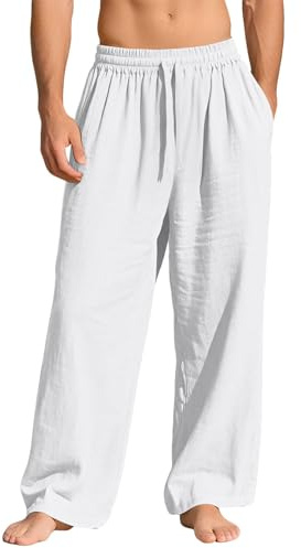 MakingDa Mens Linen Trousers Lightweight Baggy Lounge Pants Elasticated Waist Drawstring Casual Trousers