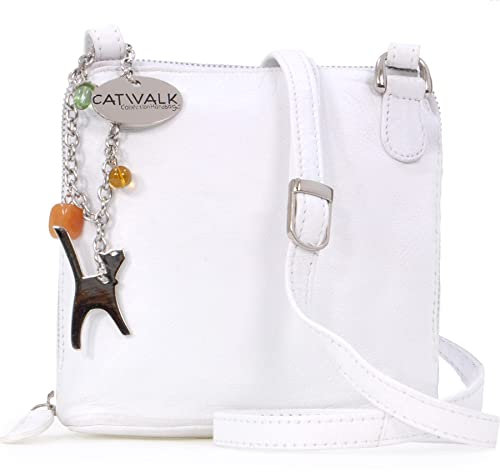 Catwalk Collection Handbags - Damen Leder Umhängetasche - Crossbody Bag/Handtasche Klein - Verstellbarer Schultergurt - LENA - Weiß