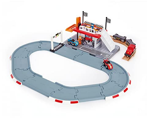 Hape Eisenbahnwelt Rennstrecke mit Güterbahnhof aus Holz, ab 3 Jahren