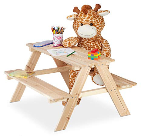 Relaxdays Ensemble Table Banc Enfants en Bois, pour Le Jardin, Meubles de Jardin Enfants, HxlxP 50 x 90 x 78 cm, Nature
