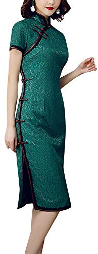 Women's Floral Lace Embroidery Cheongsam Vintage Short Sleeve Side Slit Qipao Midi Dress Chinese Tradtional Costume (L, 102# Green)