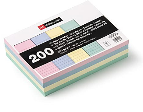 Miquelrius – Karteikarten, Lernkarten, 200 Notizkarten, horizontal liniert, A5-Format, 148 x 210 mm, 200 g/m² Offset-Kartenpapier, Pastellfarben