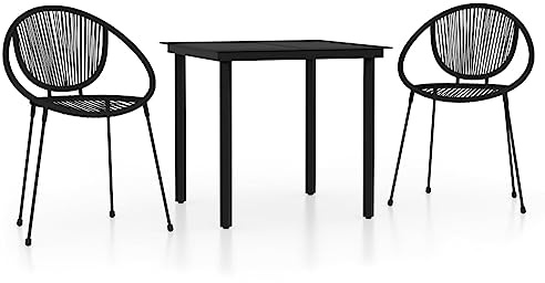 PUGYNBK Ensemble de salle à manger pour jardin 3 pièces noir | Table en verre, chaises en osier PVC, structure acier, dossier incurvé, accoudoirs