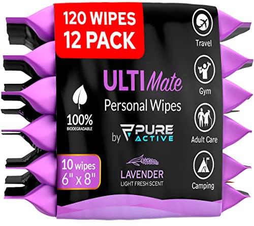 Body Wipes for Women - 12 Pack - 120 Extra Thick Deodorant Wipes - Rinse-Free Lavender Body Wipes - Wet Wipes for Body And Face (120 Wipes 6 x 8, Lavender)