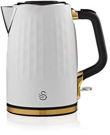 Swan Gatsby 1.7l Jug Kettle, Rapid Boil, Diamond Pattern Design, Matte White with Gold Accents, SK14082WHTN